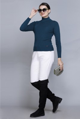 513 Solid Turtle Neck Casual Women Blue Sweater