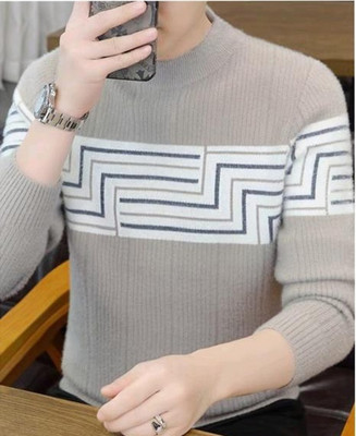 Keenuu Self Design, Printed High Neck Casual Men Brown Sweater