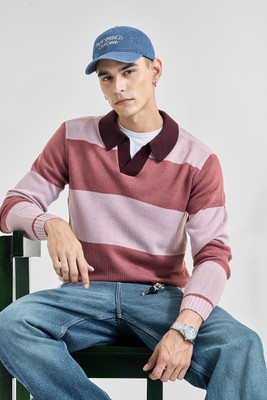 Snitch Striped Collared Neck Casual Men Multicolor Sweater
