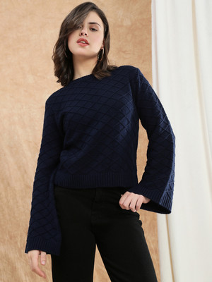 Globus Printed Round Neck Casual Women Blue Sweater