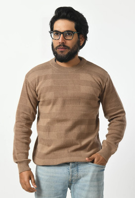 Life and style Self Design Round Neck Casual Men Beige Sweater