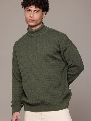 Roadster Self Design Turtle Neck Casual Men Green Sweater