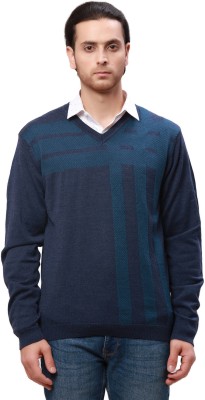 PARK AVENUE Checkered V Neck Casual Men Blue Sweater