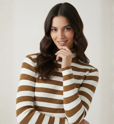 Looks United Striped High Neck Casual Women Yellow Sweater