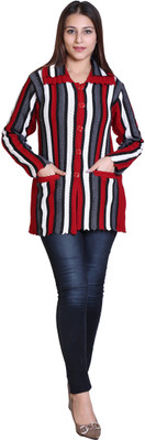 hrd7 Striped Collared Neck Casual Women Maroon Sweater