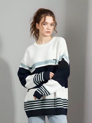 Hey Dude Striped Round Neck Casual Women Dark Blue Sweater