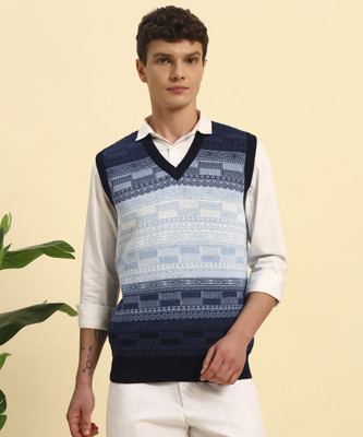 CANBLAR Colorblock V Neck Casual Men Blue Sweater