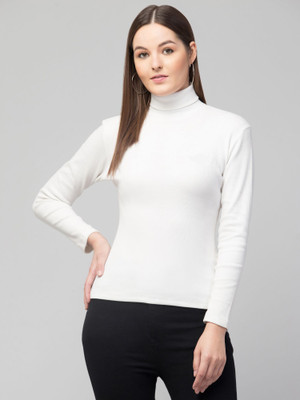 YOUTHQUAKE Solid High Neck Casual Women White Sweater