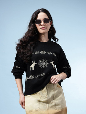 Glitchez Woven Round Neck Casual Women Black Sweater