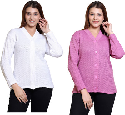 Japroz Solid V Neck Formal Women White, Purple Sweater