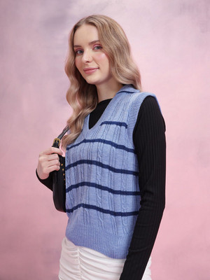 Dressberry Striped, Self Design V Neck Casual Women Blue Sweater