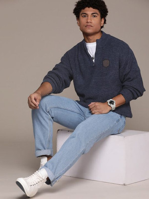 Roadster Self Design High Neck Casual Men Dark Blue Sweater