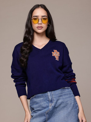 Roadster Geometric Print V Neck Casual Women Blue Sweater