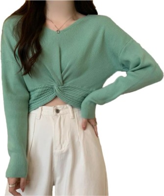 CRAMPLE Solid V Neck Casual Women Green Sweater