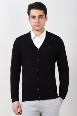 PETER ENGLAND Solid V Neck Casual Men Black Sweater