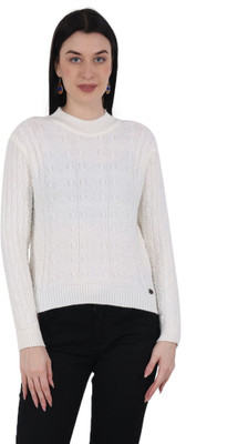 HITTIKA Self Design Round Neck Casual Women White Sweater