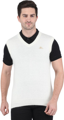 MONTE CARLO Solid V Neck Casual Men White Sweater