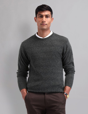 AD by Arvind Self Design Round Neck Casual Men Grey Sweater