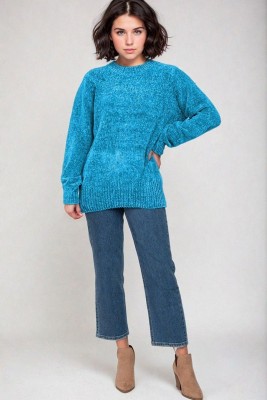 KOTTY Solid, Self Design High Neck Casual Women Blue Sweater