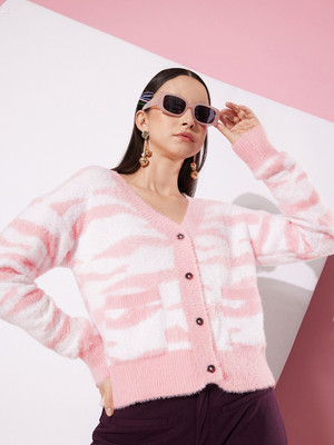 Roadster Printed V Neck Casual Women Pink Sweater