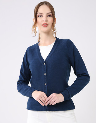 MONTE CARLO Solid V Neck Casual Women Blue Sweater