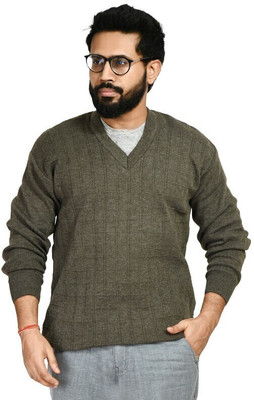 manra Self Design V Neck Casual Men Green Sweater