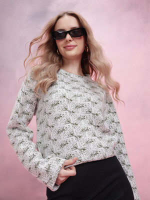 Dressberry Self Design Round Neck Casual Women White, Green Sweater