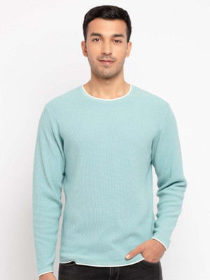 Status Quo Solid Round Neck Casual Men Blue Sweater