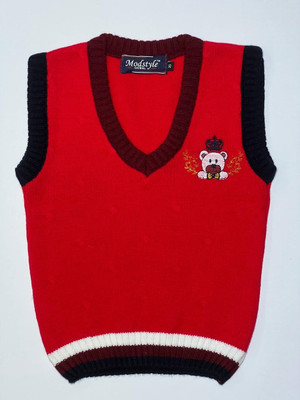 Modstyle Self Design V Neck Casual Boys & Girls Red Sweater