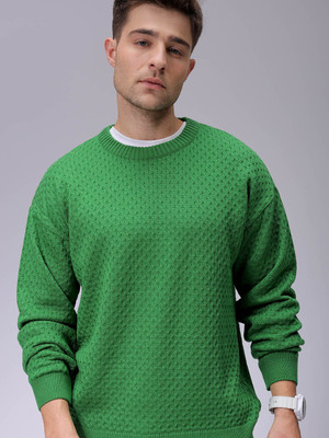 The Indian Garage Co. Solid Crew Neck Casual Men Green Sweater