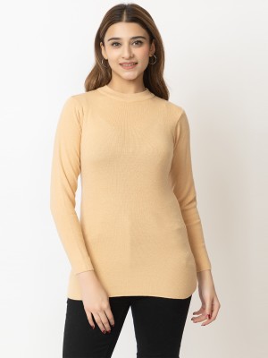 LADY LEAF Self Design High Neck Casual Women Beige Sweater