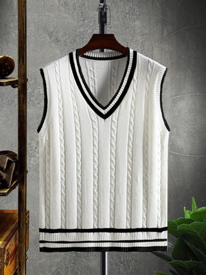 Eddicted Self Design V Neck Casual Men White Sweater