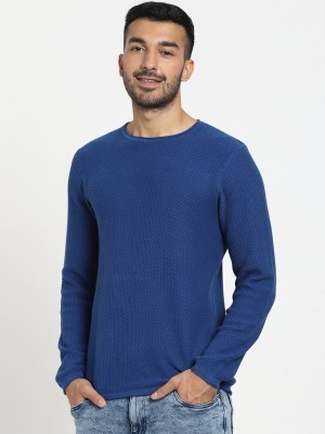 BEWAKOOF Solid Round Neck Casual Men Blue Sweater