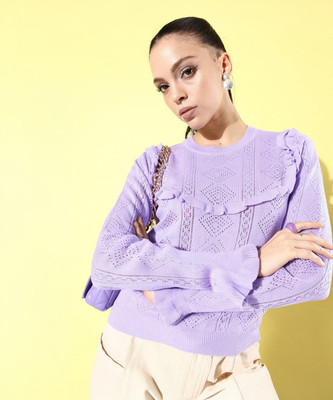Roadster Self Design Round Neck Casual Women Purple Sweater