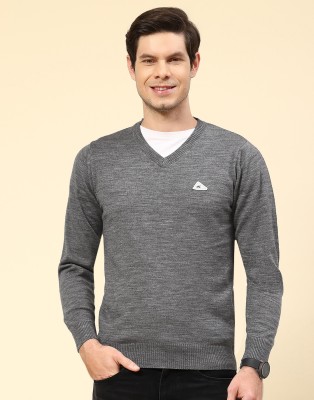 MONTE CARLO Solid V Neck Casual Men Grey Sweater