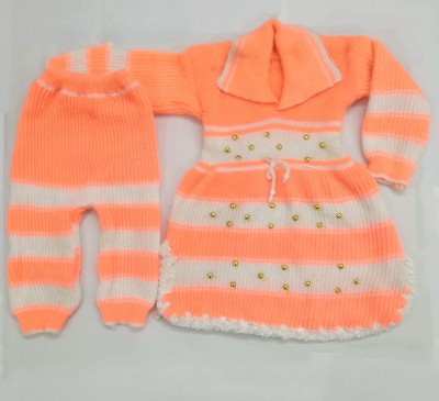 Avcom Striped Collared Neck Casual Girls Reversible Orange, White Sweater