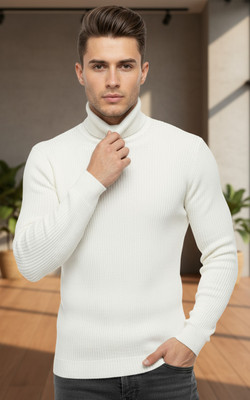 SABAFASHIONSTS Self Design High Neck Casual Men White Sweater