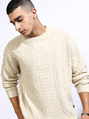 HIGHLANDER Self Design Round Neck Casual Men White Sweater