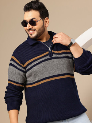 Sztori Striped Peter Pan Collar Casual Men Blue Sweater