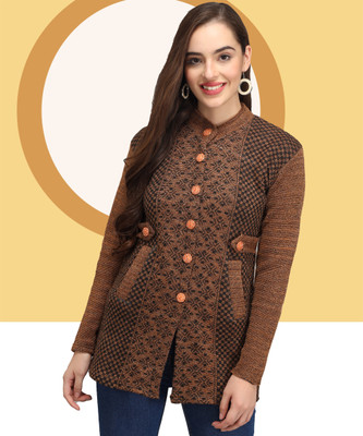 MOD YOUNG Printed Mandarin Neck Casual Women Brown Sweater