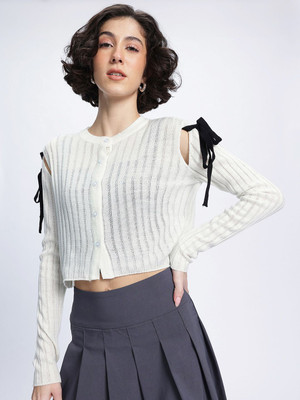 Glitchez Self Design Round Neck Casual Women Purple Sweater