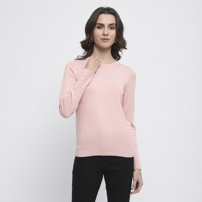 MADAME Solid Round Neck Casual Women Pink Sweater