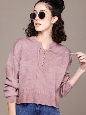 Roadster Self Design Round Neck Casual Women Brown Sweater