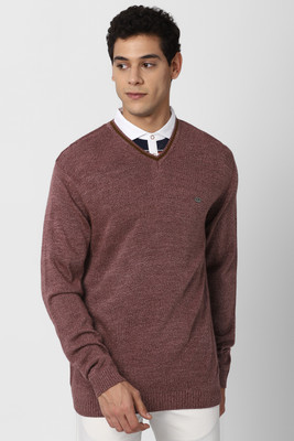 PETER ENGLAND Self Design V Neck Casual Men Maroon Sweater