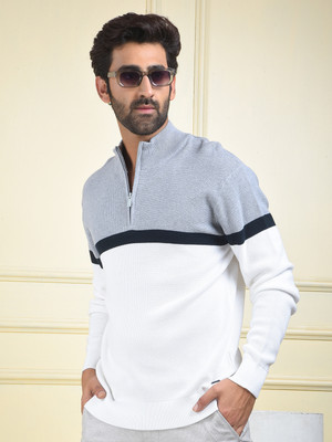 CRIMSOUNE CLUB Colorblock High Neck Casual Men Grey, White Sweater