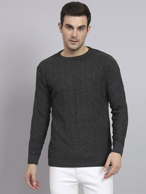 eWools Self Design Round Neck Casual Men Grey Sweater