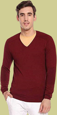 COSLETIC Solid V Neck Casual Men Maroon Sweater