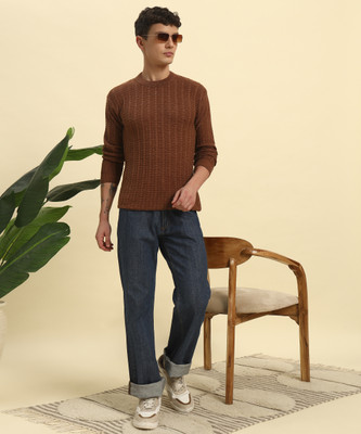 HERMISTON Striped Round Neck Casual Men Brown Sweater