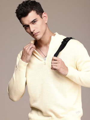 WROGN Solid Mandarin Neck Casual Men Beige Sweater