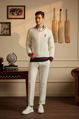 PETER ENGLAND Self Design V Neck Casual Men Beige Sweater